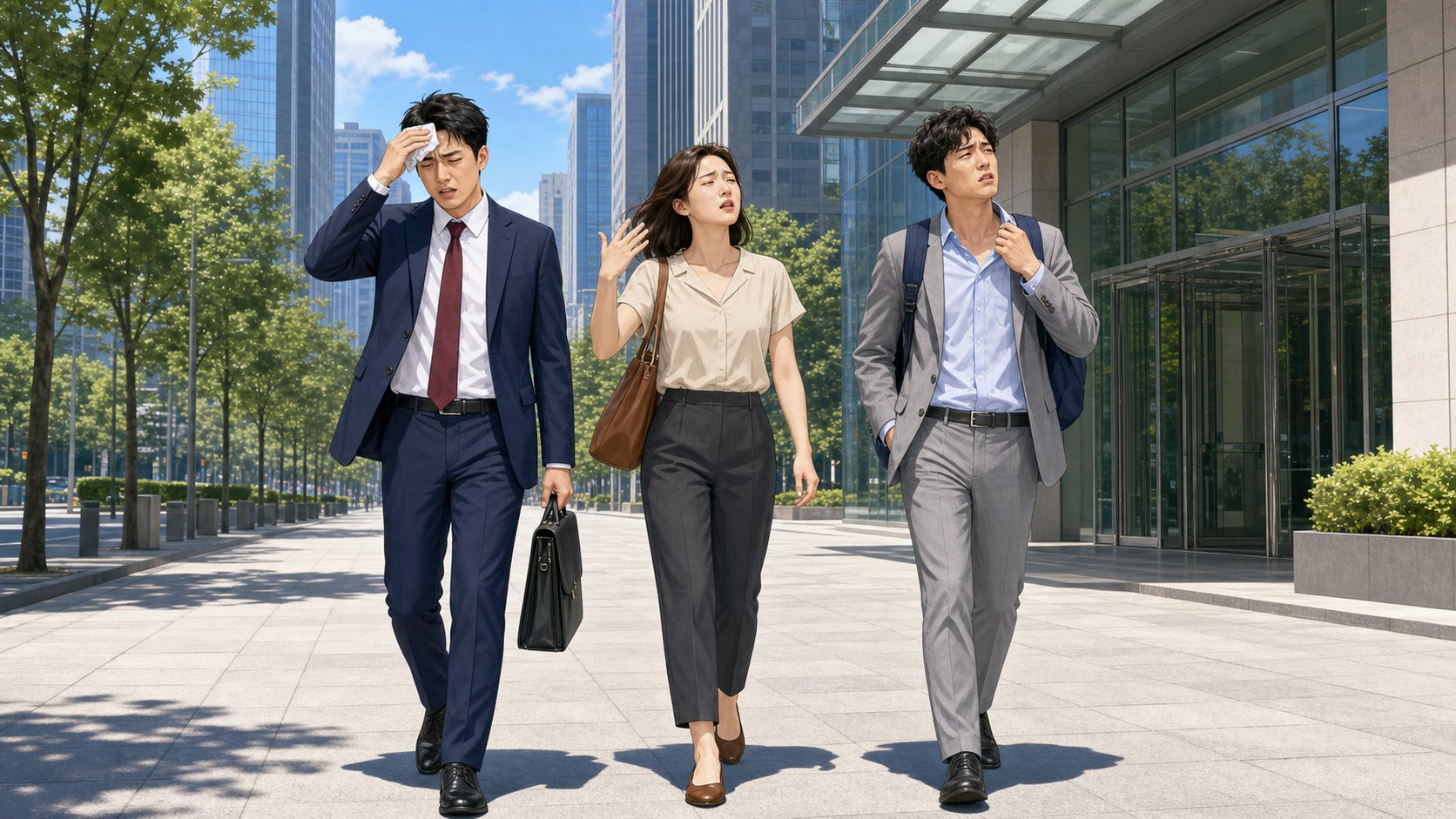 晴れた都会の通りを歩く3人の会社員