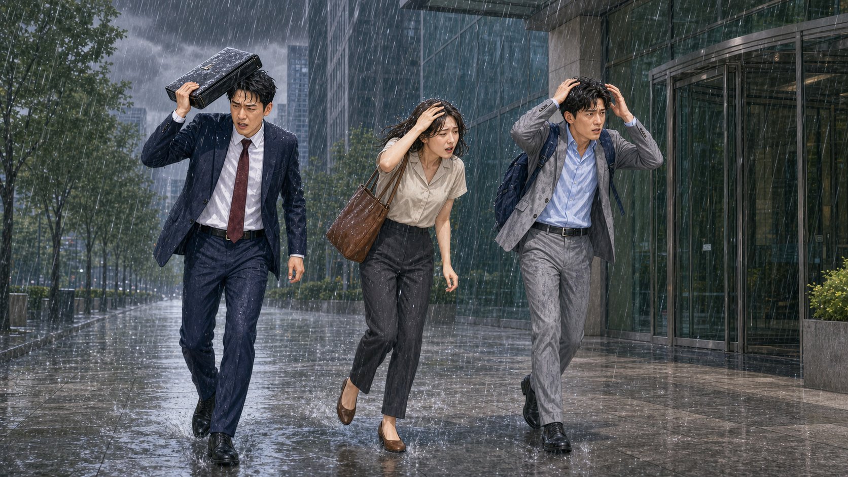 突然の大雨で頭を覆いながら走る3人